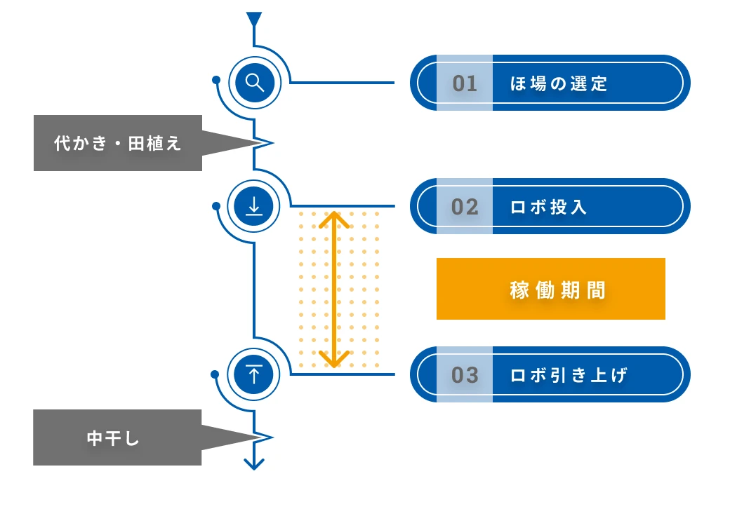 アイガモロボの基本的な使用フローと重要ポイントを示すタイムライン画像